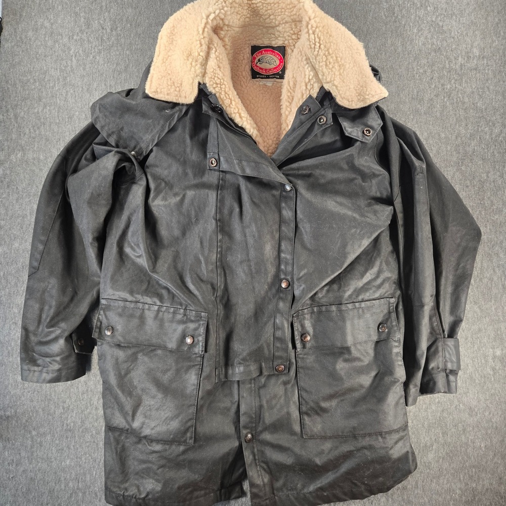 Australian Outback Collection Vintage Oilskin Jacket Men M Black Sherpa Wool